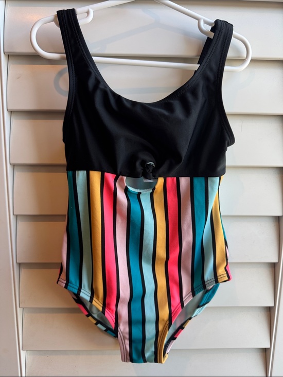 art class Other - art class Black One-Piece Swimsuit with Teal, Pink, Yellow & Coral Stripes